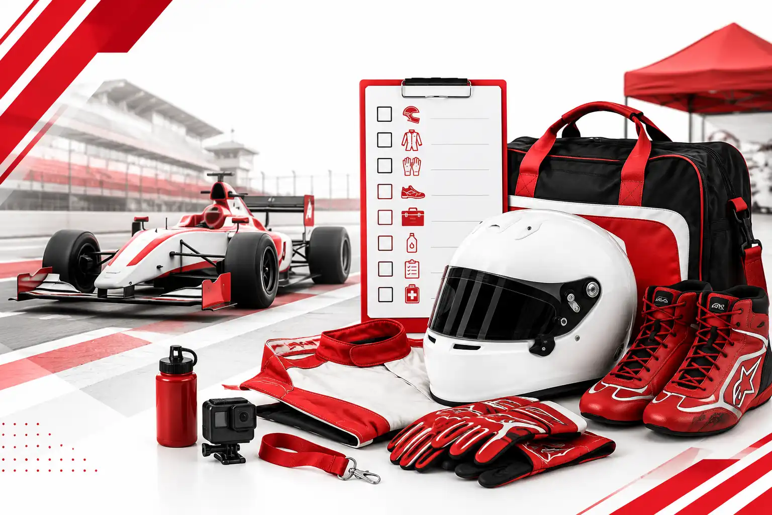 Racer checking gear and documents in the paddock before an FMSCI race weekend in India